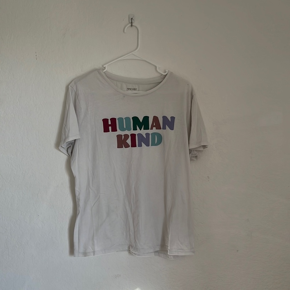 White T-Shirt With Multicolored “HUMAN KIND” Lettering